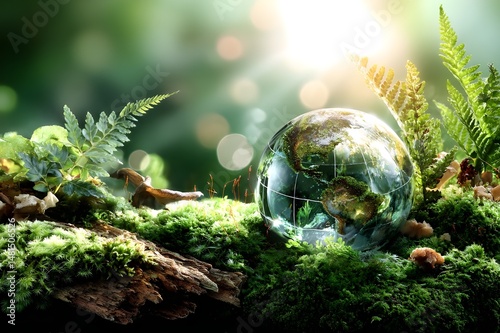 Glass Earth globe glowing in green forest light