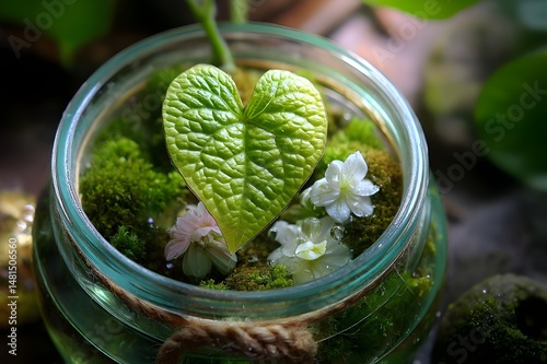 Heart-shaped leaf in jar with small white flowers