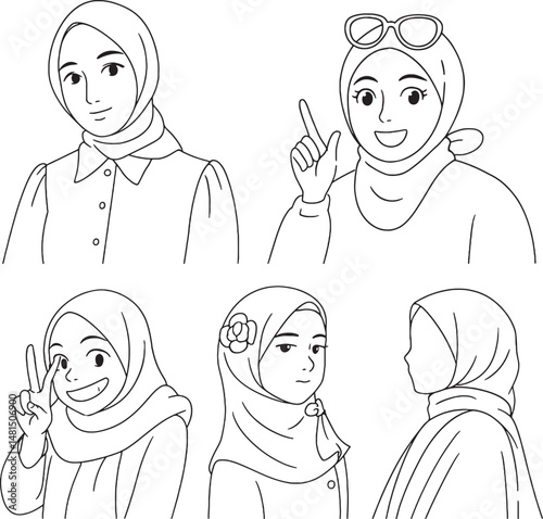 Set of hijab woman lineart design vector art, muslim girl sketch, muslim women vector with editable stroke