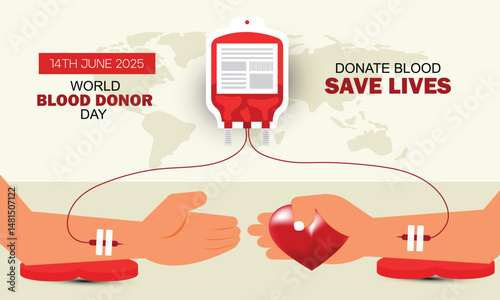Hands of blood donor and recipient. Banner for World Blood Donor Day celebration on June 14, social media post about blood transfusion from one hand to another