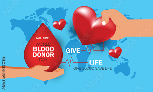 14th June world blood donor day celebration banner, social media post with blood transfusing from one hand to another hand