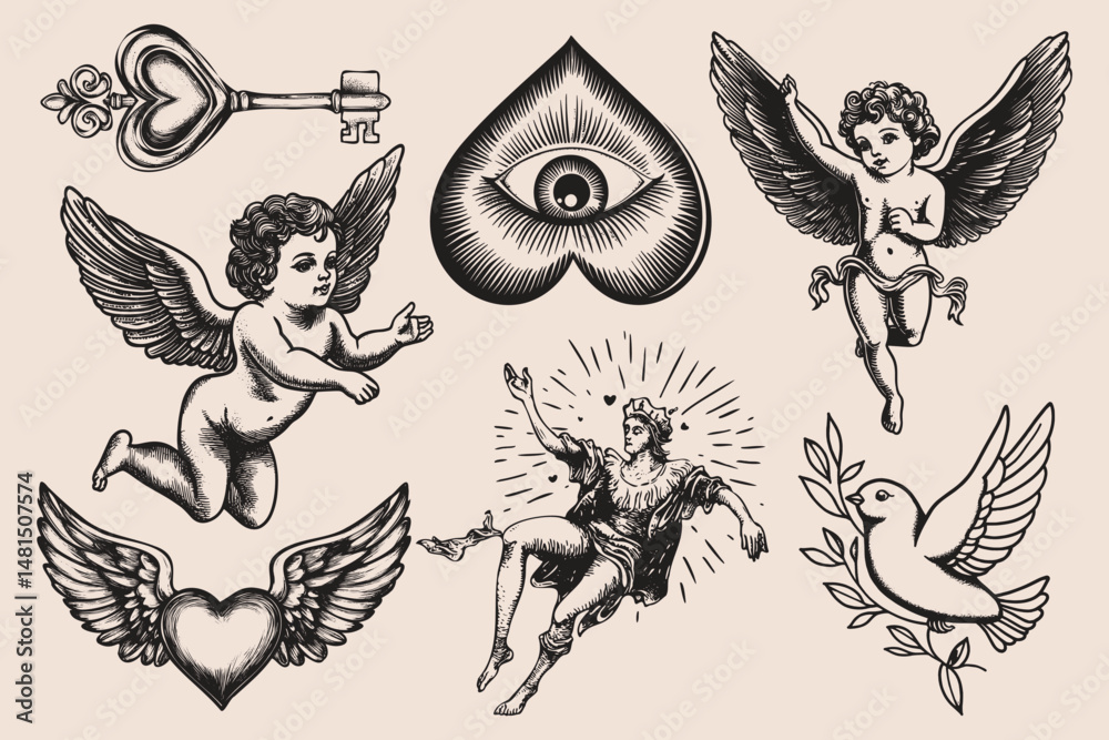 Old school tattoo ink element isolated vector set