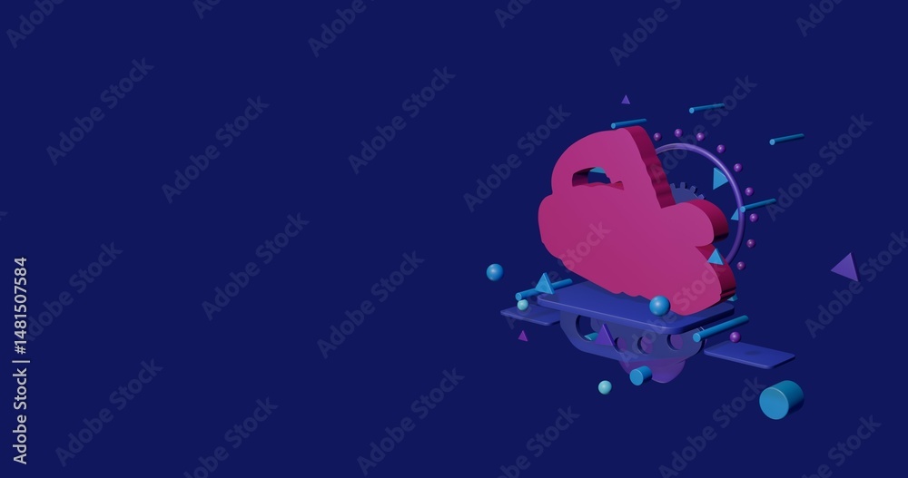 Naklejka premium Pink electric plane symbol on a pedestal of abstract geometric shapes floating in the air. Abstract concept art with flying shapes on the right. 3d illustration on indigo background