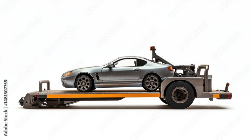 Fototapeta premium Silver car secured on a tow truck trailer.