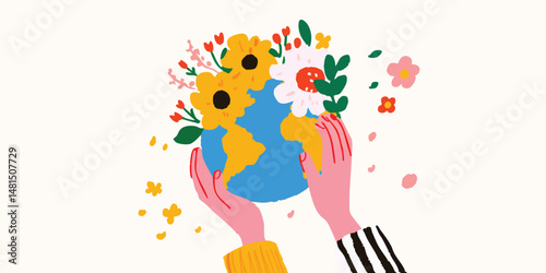 Embrace the world with care, depicted in this illustrated artwork: A nurturing pair of hands tenderly cradling a globe adorned with vibrant blossoms.