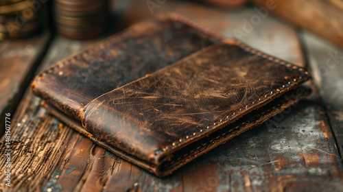 Worn Leather Wallet on Rustic Wooden Table

