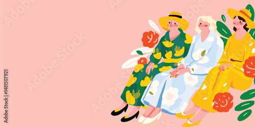 Three elegant ladies embrace spring's delight, adorned in floral dresses and stylish hats, a seamless illustration, ideal for evoking feelings of fashion, culture, and style.