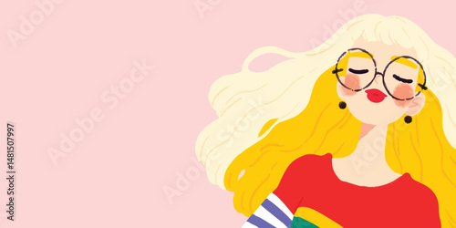 A stylish illustration of a woman with flowing blonde hair and glasses is showcased against a soft background. A vibrant style of modern design.