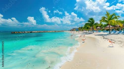 Tropical beach paradise with flamingos