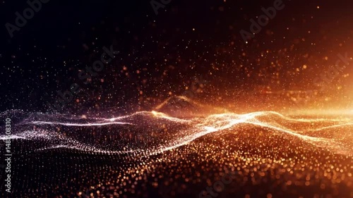 Abstract glowing particles forming dynamic waves across a dark background