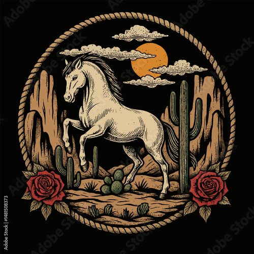 Wild Horse Rearing in Desert Landscape with Cacti and Roses