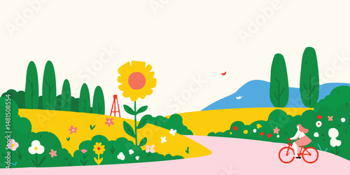 A vibrant, whimsical illustration of a bicycle ride through a sun-drenched meadow. The bright yellow sunflower, pink road, and cheerful colors capture the carefree spirit of summertime adventure.