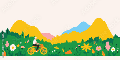 A vibrant illustration depicting a person cycling amidst a lush green meadow, showcasing the joy of outdoor exploration in a picturesque setting.