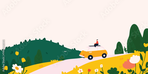 A traveler in a yellow car embarks on a journey through a scenic landscape filled with nature, capturing a sense of freedom, adventure, and the beauty of exploration.