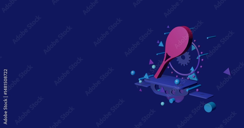 Naklejka premium Pink tennis racket symbol on a pedestal of abstract geometric shapes floating in the air. Abstract concept art with flying shapes on the right. 3d illustration on indigo background