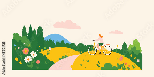 A woman rides a bicycle on a winding path through a colorful countryside landscape, enjoying the fresh air and sunshine. The vibrant illustration captures the joy of cycling and the beauty of nature.