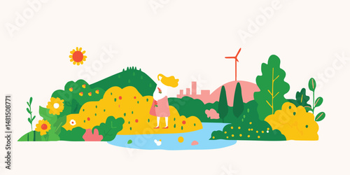 A charming illustration captures a girl, gazing at a scenic landscape, surrounded by vibrant nature elements with eco-friendly symbols in a colorful aesthetic style.