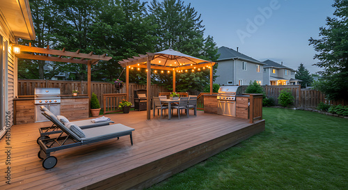 Wallpaper Mural Outdoor Living Space with Grill Dining Table Lounge Chairs and String Lights Torontodigital.ca
