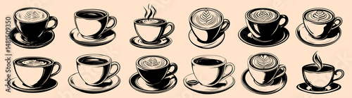 Artistic coffee cup illustrations, element vector set