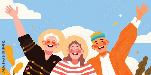 A cheerful illustration of three individuals basking in the sun. The image evokes feelings of happiness, freedom, and camaraderie, set against a vibrant sky.