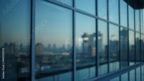 Blurred city skyline reflected in modern glass building facade at dawn
