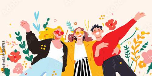 A joyful group of friends, dancing to the rhythm of life, embraced by a colorful field of plants, sharing smiles, representing happiness.