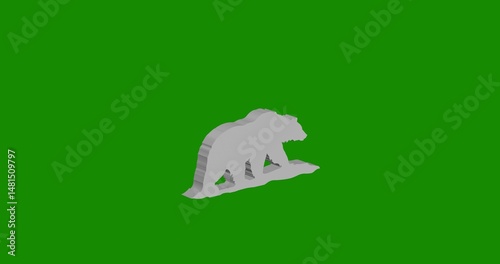 Isolated realistic white wild bear symbol front view with shadow. 3d illustration on green chroma key background