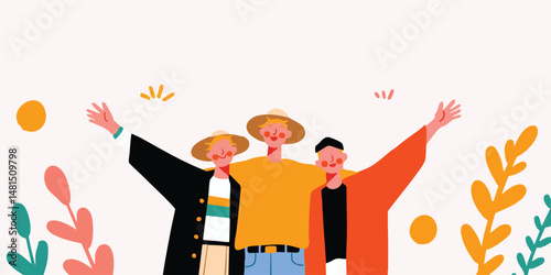 Three figures embracing, showcasing a moment of happiness, and the spirit of community.