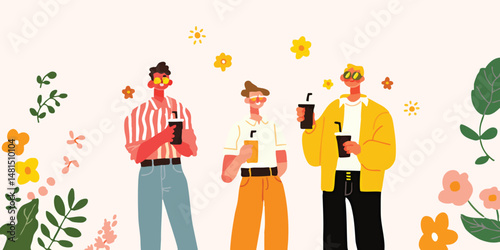 Three stylish men enjoying a refreshing drink together amidst a cheerful backdrop of blooming flowers and greenery, capturing a moment of casual camaraderie and summery vibes.