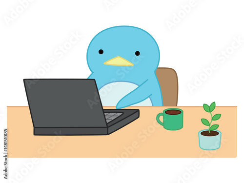 リモートワークをするペンギン　主線あり
