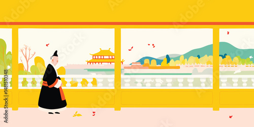 A lone figure, dressed in traditional East Asian attire, stands on a veranda, gazing out at a serene autumn landscape.  The scene is depicted in a vibrant, stylized illustration.