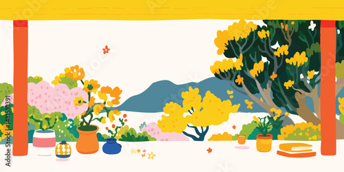 A vivid illustration captures a serene balcony scene filled with blooming flowers, overlooking tranquil waters, and majestic mountains. The artwork evokes a sense of peace and beauty of nature.