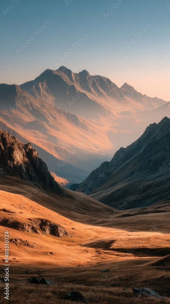 Fototapeta premium Majestic Mountain Vista: A breathtaking panoramic view of towering mountains, their rugged peaks illuminated by the soft glow of dawn, overlooking a vast expanse of rolling hills and valleys.