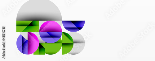 Abstract geometric shapes overlap, creating vibrant color blocks. Circles, semicircles, gradients define composition. Modern design elements present.