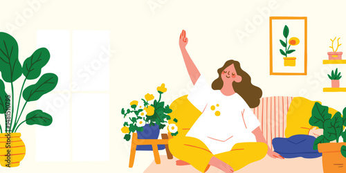A serene scene of a woman practicing mindfulness at home amidst vibrant indoor plants.