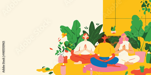 Three women practicing yoga and meditation amidst lush indoor plants.  The illustration showcases a calming and peaceful atmosphere, emphasizing wellness and mindfulness.