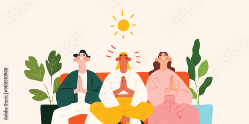 Three individuals in tranquil meditation, achieving inner peace beneath the warm sun. A serene illustration capturing the essence of calm and mindfulness.