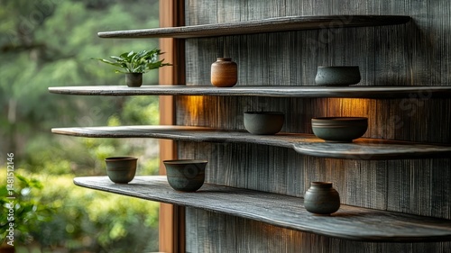 Elegant wooden shelves displaying minimalist pottery and greenery, creating a serene and stylish home decor ambiance.
