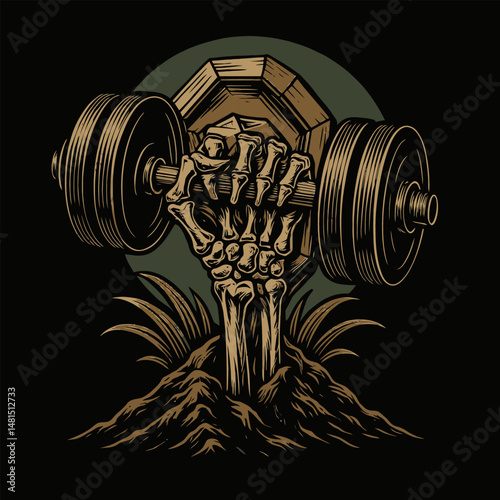 Skeleton Hand Holding Barbell Illustration in Grave with Earth