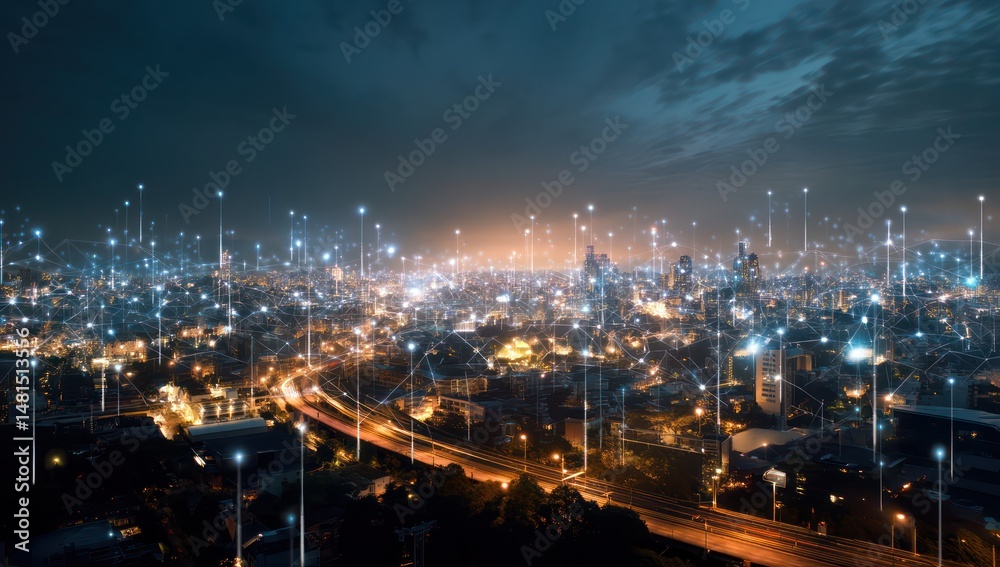 custom made wallpaper toronto digitalSmart city with glowing data points, creating an intelligent and connected urban environment.