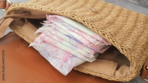 sanitary pad in a woman purse on table 