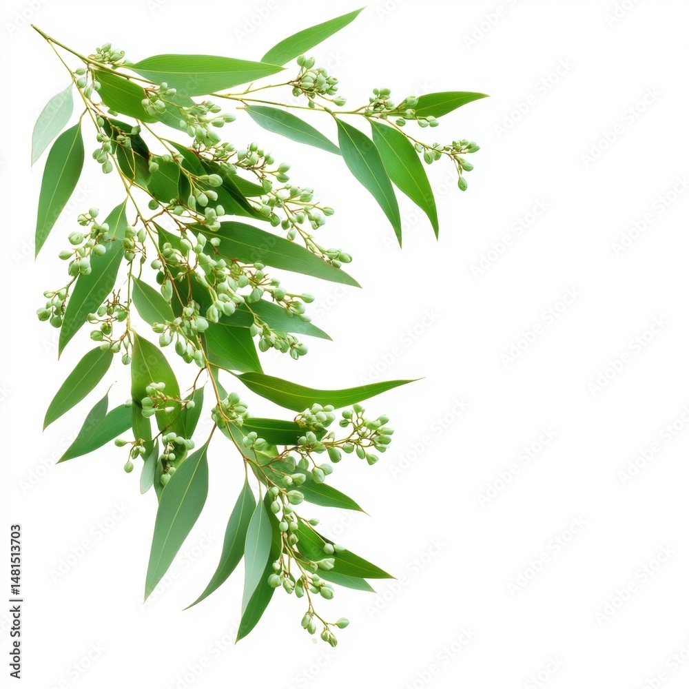 Obraz premium Eucalyptus branch with seed pods on white background isolated studio shot botanical greenery foliage medicinal plant leaves