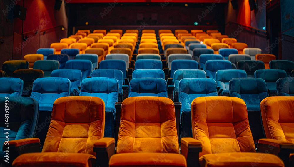 Obraz premium Empty cinema seating arrangement modern theater interior design vibrant environment aerial view
