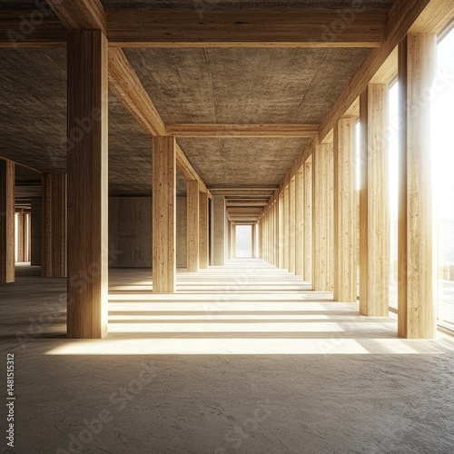 Empty modern construction interior, sunlight streaming through