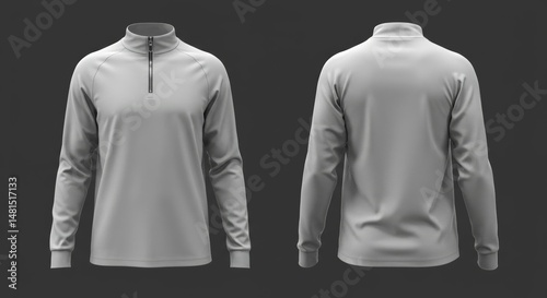 Gray quarter-zip long sleeve athletic top displayed front and back view. Blank apparel in a studio setting for a sportswear designer.