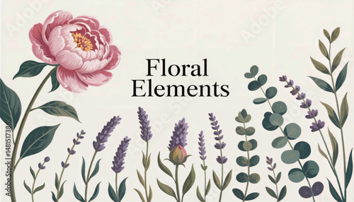 Collection of spring colorful flower elements vector, Floral boarder of wildflower, floral design elements vector set.