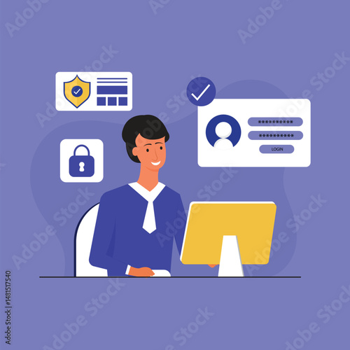 Cyber security and privacy concept. Cyber defender works on a laptop