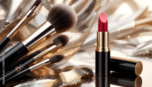 make up brushes and lipstick