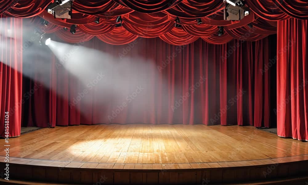 Empty Theater Stage with Red Curtains and Spotlights