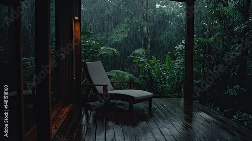 A porch with rain falling in a lush green forest setting